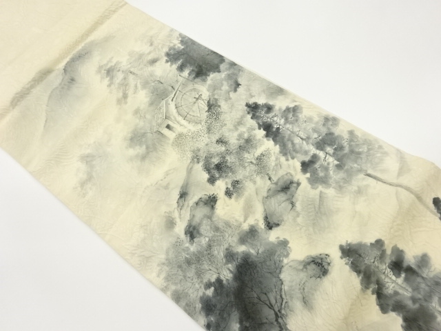 纐纈 手描き 山に水車小屋・樹木模様袋帯